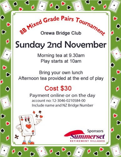 Orewa Bridge Club 8B Mixed Grade Pairs Tournament
